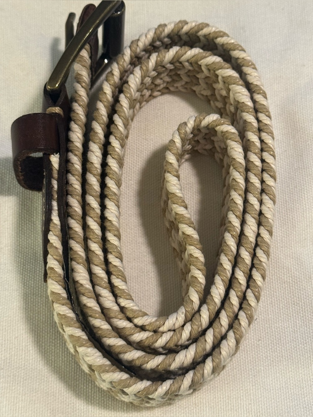 Fossil White and Tan Woven Unisex Belt Leather Size 38 Casual Vacay Golf Resort